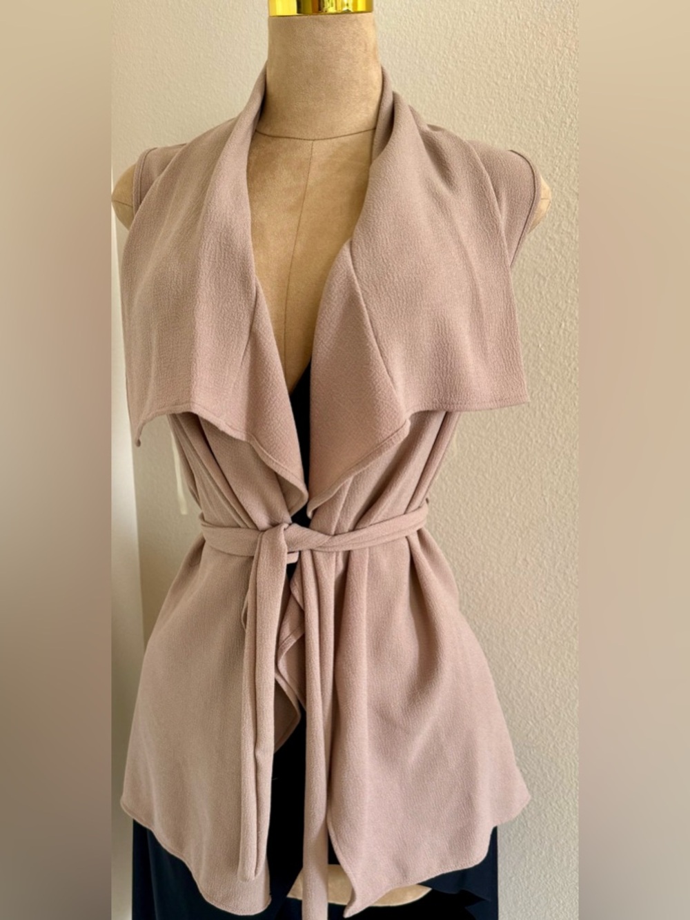 Sleeveless Draped Belted Vest in Dusty Beige medium